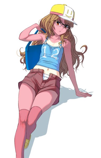 Anime picture 766x1200 with original masao single long hair tall image looking at viewer fringe light erotic simple background red eyes brown hair white background sitting holding parted lips arm support shadow flat chest tan tan lines