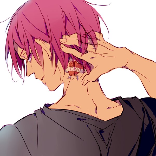 Anime picture 1000x1000 with free! kyoto animation matsuoka rin serizawa nae single looking at viewer short hair simple background white background pink hair profile pink eyes from behind tattoo arm behind head boy heart t-shirt