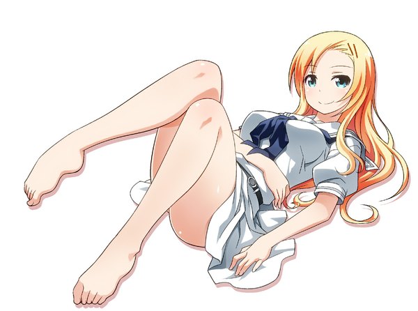 Anime picture 1029x765 with saki senoo kaori umekichi single long hair looking at viewer blue eyes light erotic blonde hair simple background smile white background lying censored legs convenient censoring girl toes