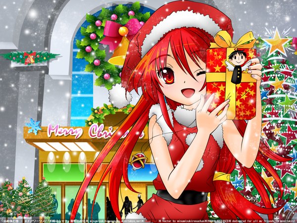 Anime picture 2048x1536 with shakugan no shana j.c. staff shana single long hair blush highres open mouth red eyes red hair one eye closed wink wallpaper fur trim snowing christmas winter merry christmas girl hat