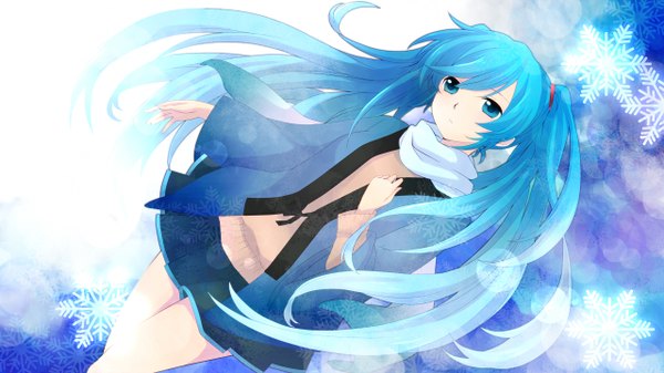 Anime picture 1280x720 with vocaloid hatsune miku kanna (chaos966) single wide image twintails very long hair aqua eyes aqua hair girl skirt miniskirt scarf