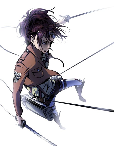 Anime picture 862x1100 with shingeki no kyojin production i.g hange zoe marichi single tall image simple background smile brown hair white background holding brown eyes ponytail from above dual wielding girl weapon sword jacket boots