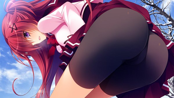 Anime picture 1280x720 with yukikoi melt reppuji kanon nanaka mai single long hair blush fringe open mouth light erotic wide image purple eyes game cg sky cloud (clouds) ass red hair light smile from below side ponytail girl