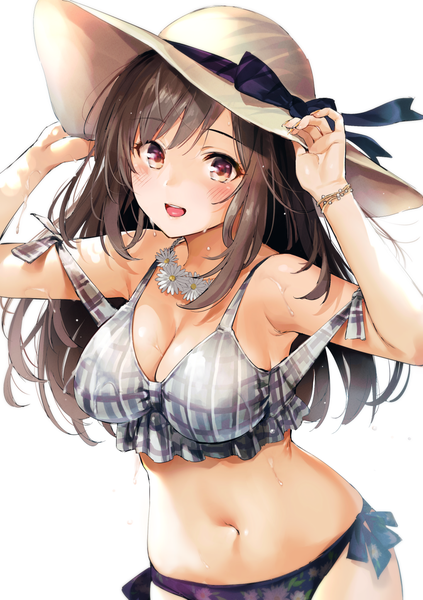 Anime picture 1020x1447 with idolmaster idolmaster shiny colors tsukioka kogane umakuchi shouyu single long hair tall image looking at viewer blush fringe breasts open mouth light erotic simple background smile hair between eyes brown hair large breasts white background holding
