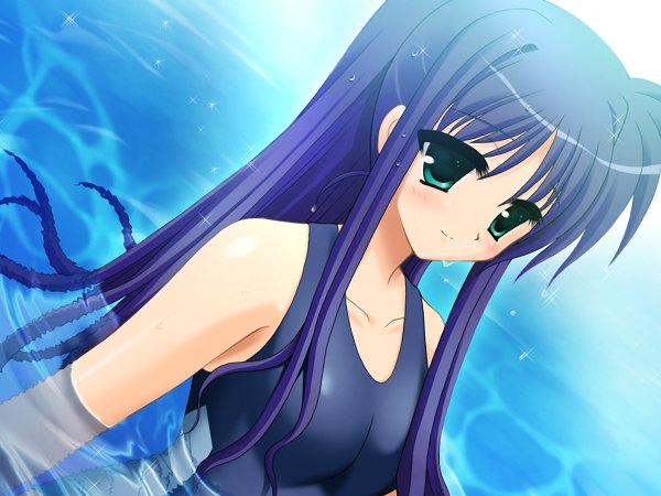 Anime picture 1200x900 with sakura machizaka stories (game) long hair green eyes blue hair game cg purple hair girl swimsuit water one-piece swimsuit school swimsuit
