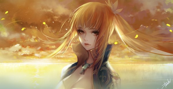 Anime picture 1500x778 with shin sangoku musou wang yuanji danhu single long hair looking at viewer breasts blonde hair wide image signed cleavage ponytail wind lips evening sunset eyeshadow girl petals necklace