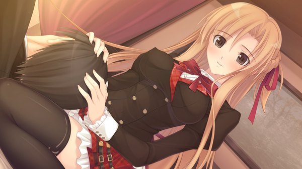 Anime picture 2048x1152 with tsugou no ii kazoku fusataka shikibu long hair blush highres short hair black hair blonde hair wide image game cg girl thighhighs boy uniform ribbon (ribbons) black thighhighs hair ribbon school uniform