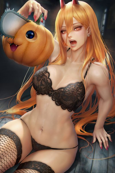 Anime picture 2400x3597 with chainsaw man mappa power (chainsaw man) pochita (chainsaw man) nudtawut thongmai single long hair tall image looking at viewer fringe highres breasts open mouth light erotic hair between eyes sitting holding indoors nail polish arm up