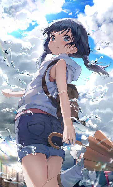 Anime picture 724x1200 with tenki no ko amano hina (tenki no ko) huwari (dnwls3010) single long hair tall image blush fringe blue eyes black hair smile standing twintails holding payot looking away sky cloud (clouds) outdoors from behind