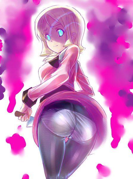 Anime picture 895x1200 with mobile suit gundam gundam age sunrise (studio) emily armond dodai shouji single tall image looking at viewer fringe short hair blue eyes light erotic simple background blonde hair standing ass long sleeves looking back thigh gap glowing