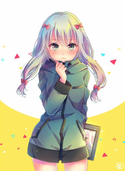 Anime picture 657x900 with eromanga sensei a-1 pictures izumi sagiri nemuri nemu single long hair tall image looking at viewer blush fringe hair between eyes standing green eyes silver hair arm behind back girl pen photo (object) stylus drawing tablet