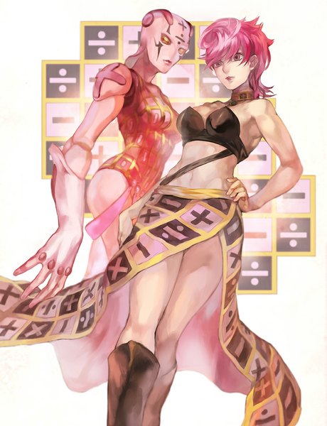 Anime picture 652x850 with jojo no kimyou na bouken trish una spice girl (stand) oburaato tall image short hair light erotic white background bare shoulders multiple girls yellow eyes pink hair pink eyes bare belly from below hand on hip stand (jojo) girl skirt navel