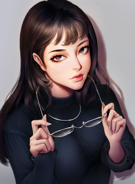 Anime picture 1489x2031 with original wang chen single long hair tall image looking at viewer fringe breasts simple background brown hair brown eyes signed upper body long sleeves fingernails lips realistic grey background shadow sleeves past wrists