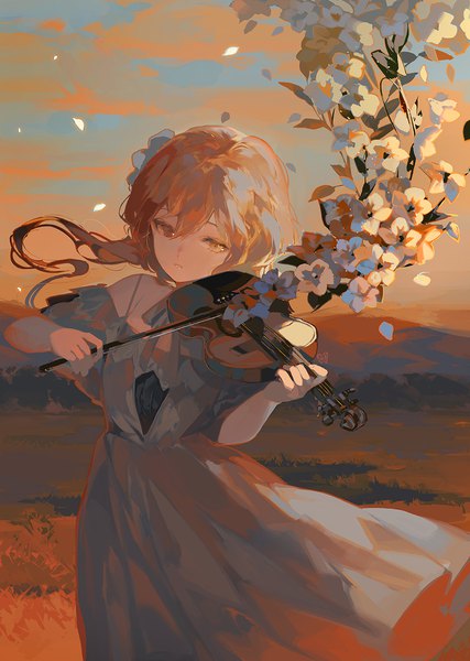 Аниме картинка 880x1237 с genshin impact lumine (genshin impact) pla4neta один (одна) длинные волосы высокое изображение чёлка светлые волосы волосы между глазами жёлтые глаза на улице игра на музыкальном инструменте девушка платье цветок (цветы) музыкальный инструмент скрипка