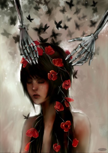Anime picture 1095x1561 with original dziu09 single long hair tall image black hair bare shoulders eyes closed hair flower lips girl hair ornament flower (flowers) insect butterfly