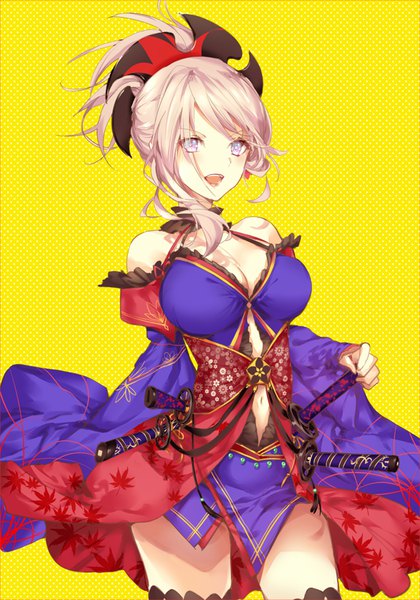 Anime picture 725x1035 with fate (series) fate/grand order miyamoto musashi (fate) kinokohime single long hair tall image blush breasts open mouth large breasts purple eyes bare shoulders looking away pink hair cleavage ponytail wide sleeves lipstick polka dot