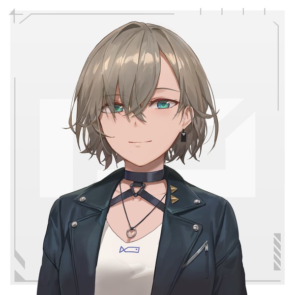Anime picture 2500x2500 with original free style (yohan1754) single looking at viewer fringe highres short hair simple background smile hair between eyes brown hair upper body aqua eyes grey background open jacket border outside border girl earrings choker