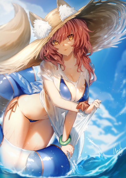 Anime picture 990x1400 with fate (series) fate/grand order tamamo (fate) (all) tamamo no mae (swimsuit lancer) (fate) kyouya (mukuro238) single long hair tall image looking at viewer fringe breasts light erotic smile hair between eyes large breasts standing animal ears yellow eyes pink hair sky