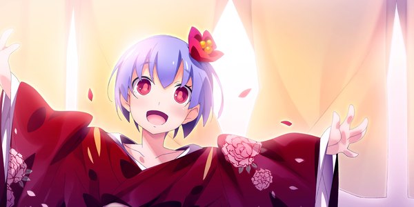 Аниме картинка 2400x1200 с kaminoyu (game) высокое разрешение короткие волосы открытый рот красные глаза широкое изображение синие волосы game cg японская одежда лоли девушка лепестки кимоно
