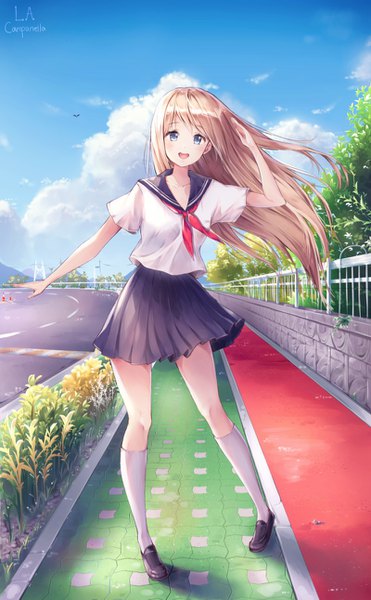 Anime picture 800x1291 with original la campanella single long hair tall image looking at viewer fringe open mouth blue eyes blonde hair smile signed sky cloud (clouds) full body outdoors :d pleated skirt wind short sleeves