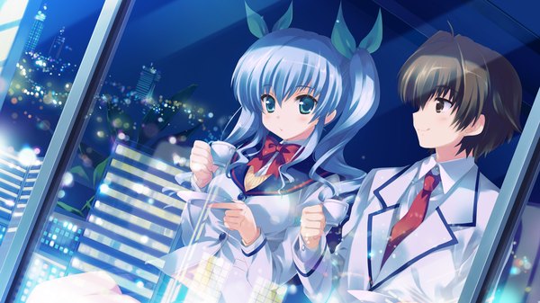 Anime picture 1280x720 with hoshi no ouji-kun ringo aoi qp:flapper long hair short hair brown hair wide image twintails brown eyes green eyes blue hair game cg couple girl boy serafuku necktie suit cup