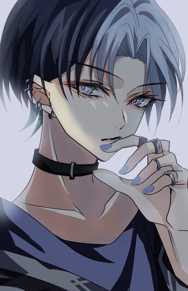 Anime picture 2894x4490 with project sekai aoyagi touya rui chaba single tall image looking at viewer highres short hair black hair simple background upper body nail polish multicolored hair grey hair two-tone hair grey eyes piercing ear piercing hand to mouth blue nail polish