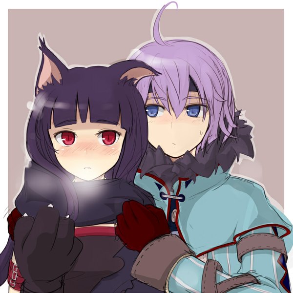 Anime picture 800x800 with latale judgement (latale) rogue master (latale) zi-shot (artist) long hair blush fringe short hair blue eyes simple background red eyes animal ears purple hair ahoge cat ears framed exhalation girl boy fur