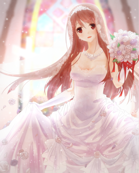 Anime picture 1000x1250 with original icehs long hair tall image looking at viewer blush open mouth red eyes brown hair girl dress flower (flowers) petals bouquet wedding dress