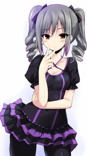Anime picture 600x1072 with idolmaster idolmaster cinderella girls kanzaki ranko sen (astronomy) single long hair tall image looking at viewer blush fringe breasts simple background smile standing white background twintails brown eyes silver hair arm support short sleeves
