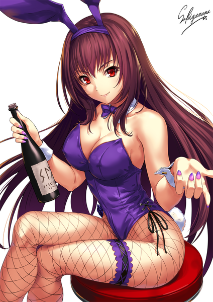 Anime picture 1000x1414 with fate (series) fate/grand order scathach (fate) (all) scathach (fate) sakiyamama single long hair tall image looking at viewer fringe breasts light erotic simple background hair between eyes red eyes large breasts white background sitting bare shoulders holding