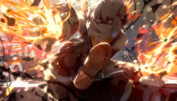 Anime picture 1280x733 with boku no hero academia studio bones bakugou katsuki tsugutoku single looking at viewer fringe short hair blonde hair smile hair between eyes wide image yellow eyes text magic soles english boy mask fire