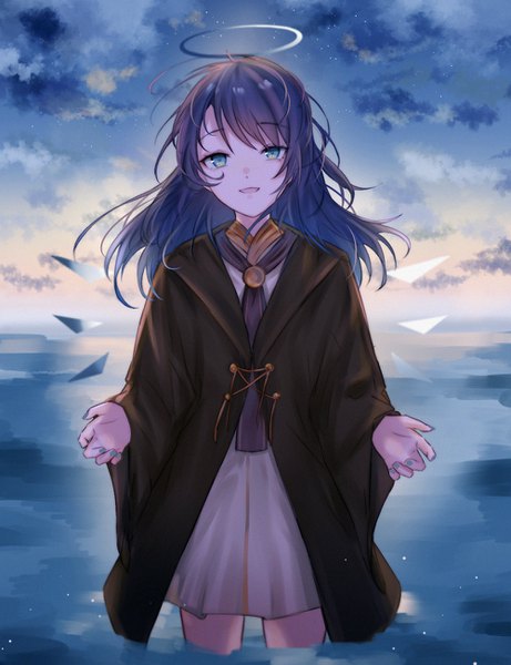 Anime picture 1000x1300 with arknights mostima (arknights) haku wi single long hair tall image looking at viewer open mouth blue eyes standing blue hair sky cloud (clouds) :d partially submerged girl wings sea halo mantle