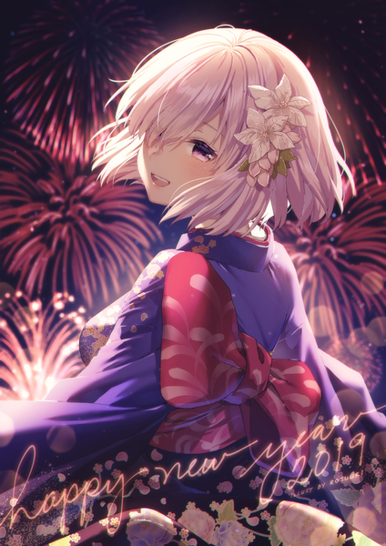 Anime picture 900x1272 with fate (series) fate/grand order mash kyrielight rosuuri single tall image looking at viewer blush fringe short hair open mouth purple eyes signed pink hair traditional clothes :d japanese clothes looking back hair over one eye new year