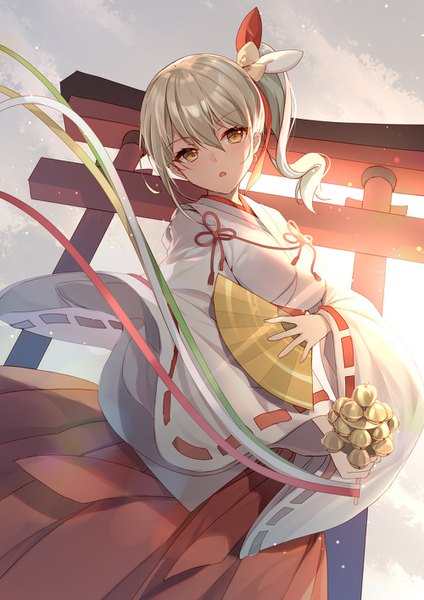 Anime picture 1000x1414 with virtual youtuber bison cangshu single long hair tall image looking at viewer fringe open mouth blonde hair hair between eyes standing holding yellow eyes payot sky outdoors traditional clothes head tilt japanese clothes sunlight