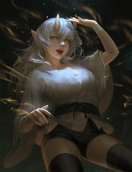 Anime picture 1134x1475 with original ina wong single long hair tall image looking at viewer fringe breasts hair between eyes large breasts signed yellow eyes white hair nail polish arm up horn (horns) fingernails lips pointy ears wide sleeves