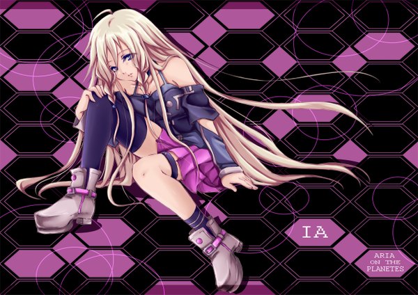 Anime picture 1280x905 with vocaloid ia (vocaloid) single long hair fringe blue eyes sitting braid (braids) official art twin braids girl thighhighs skirt socks boots pink skirt