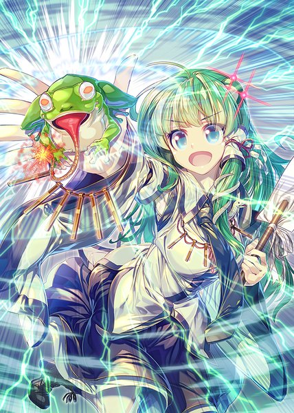 Anime picture 714x1000 with touhou kochiya sanae zounose single long hair tall image open mouth blue eyes looking away ahoge green hair girl detached sleeves hair tubes gohei frog