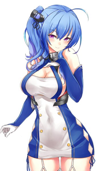 Anime picture 770x1239 with azur lane st. louis (azur lane) asya single long hair tall image looking at viewer blush fringe breasts light erotic simple background hair between eyes large breasts standing purple eyes bare shoulders payot blue hair ahoge