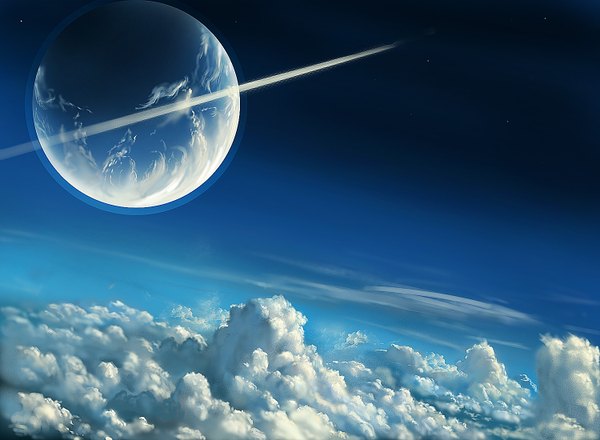 Anime picture 1500x1100 with original rome (pixiv) highres sky cloud (clouds) landscape space star (stars) planet