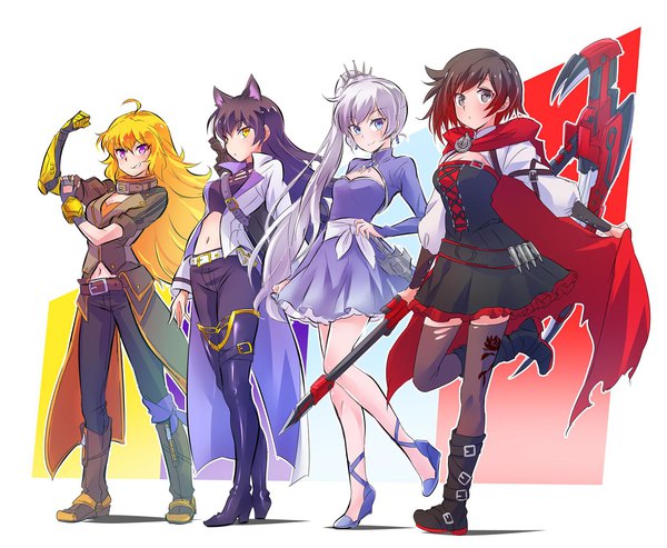 Anime picture 1559x1280 with rwby rooster teeth ruby rose weiss schnee blake belladonna yang xiao long iesupa long hair looking at viewer short hair breasts blue eyes black hair blonde hair smile standing white background purple eyes multiple girls holding