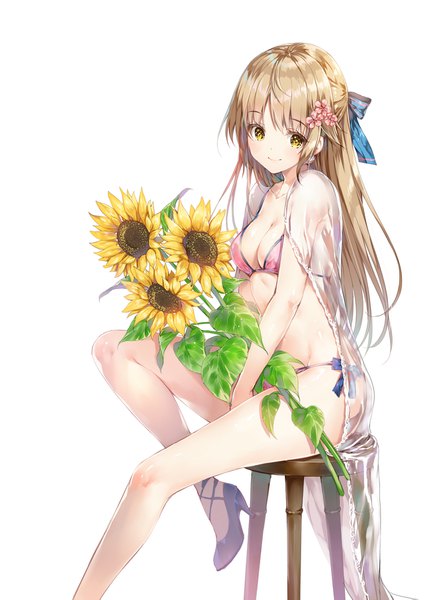 Anime picture 1296x1813 with original miwabe sakura single long hair tall image looking at viewer blush fringe breasts light erotic simple background blonde hair smile white background yellow eyes cleavage bent knee (knees) hair flower high heels half updo