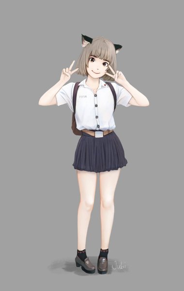 Anime picture 1299x2048 with original hana (jubi) jubi (regiana) single tall image looking at viewer fringe short hair simple background smile brown hair standing brown eyes signed animal ears full body blunt bangs pleated skirt cat ears grey background