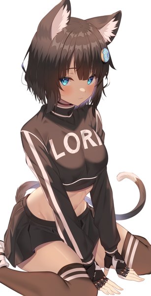Anime picture 2048x4000 with original jun (aousa0328) single tall image blush highres short hair blue eyes black hair simple background white background sitting animal ears tail long sleeves animal tail cat ears cat girl cat tail dark skin