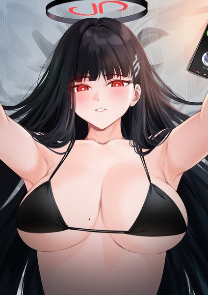 Anime picture 2480x3508 with blue archive rio (blue archive) nonbire single long hair tall image looking at viewer blush fringe highres breasts light erotic black hair red eyes lying blunt bangs parted lips mole arms up armpit (armpits)