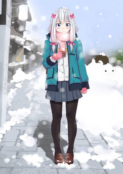 Anime picture 2480x3507 with eromanga sensei a-1 pictures izumi sagiri jizi single long hair tall image looking at viewer blush fringe highres blue eyes smile hair between eyes standing silver hair full body outdoors pleated skirt open jacket