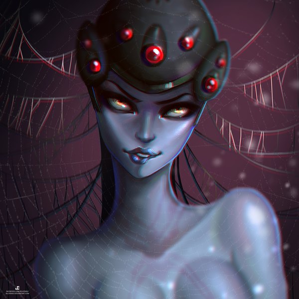 Anime picture 1000x1000 with overwatch blizzard entertainment widowmaker (overwatch) jellyemily single long hair looking at viewer breasts light erotic black hair bare shoulders signed yellow eyes cleavage upper body ponytail parted lips lips teeth lipstick