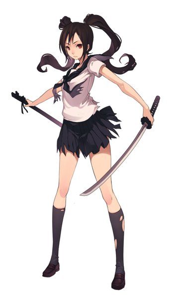 Anime picture 956x1626 with original fkey single long hair tall image looking at viewer black hair simple background red eyes holding pleated skirt grey background torn clothes girl skirt weapon sword socks katana black socks