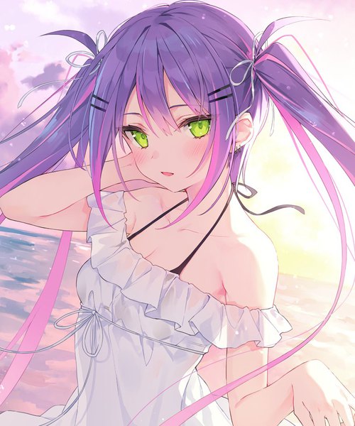 Anime picture 878x1054 with virtual youtuber hololive tokoyami towa rurudo single long hair tall image looking at viewer blush fringe breasts open mouth hair between eyes twintails bare shoulders green eyes payot sky cleavage purple hair