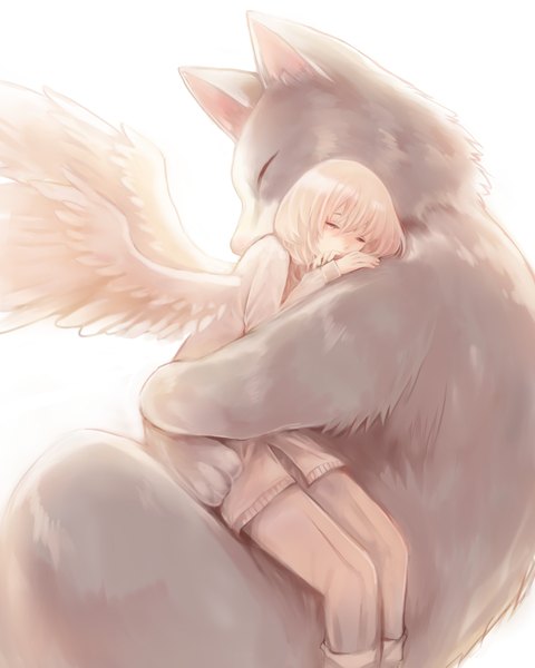 Anime picture 1600x2000 with original clona single tall image fringe short hair simple background blonde hair white background eyes closed hug sleeping white wings angel girl animal wings cat