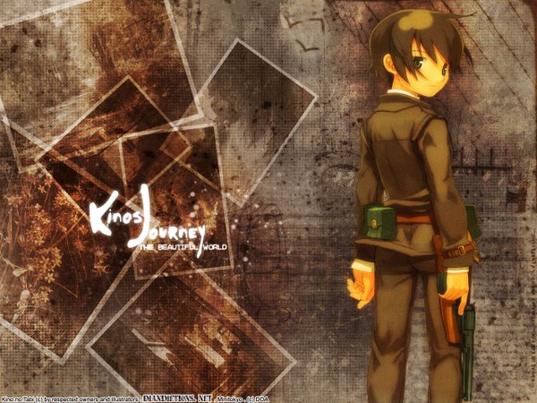 Anime picture 1280x960 with kino no tabi kino (kino no tabi) kuroboshi kouhaku oracleangel single short hair brown hair green eyes looking back green hair copyright name third-party edit girl weapon gun revolver